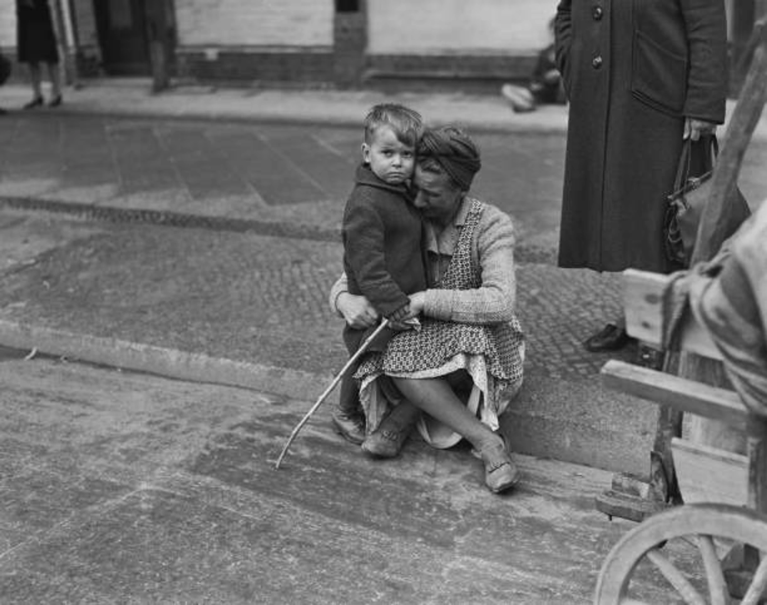 A homeless mother embraces her son in Berlin. Bombing and fighting for the German capital had destroyed homes and displaced families during the war’s final months.