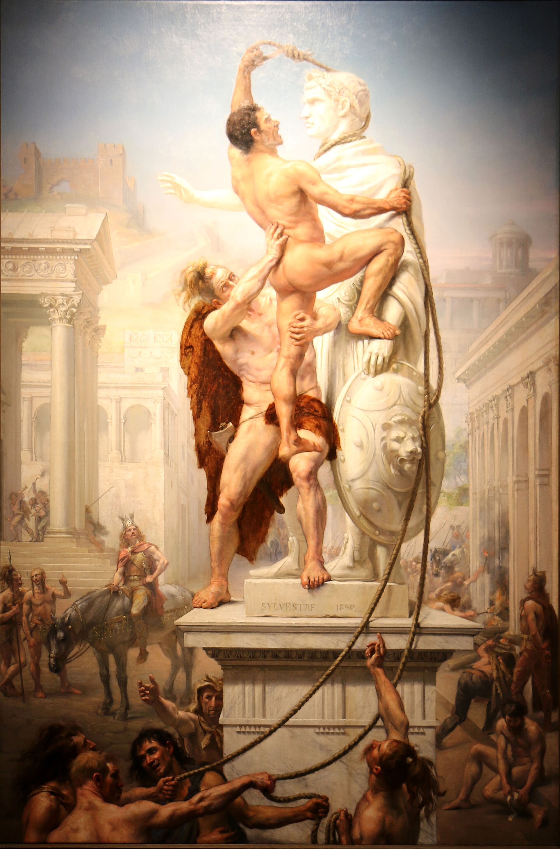 Men pull down a statue during Rome’s sack. The Goths entered after negotiations failed over land, supplies and recognition of their military position within the empire.