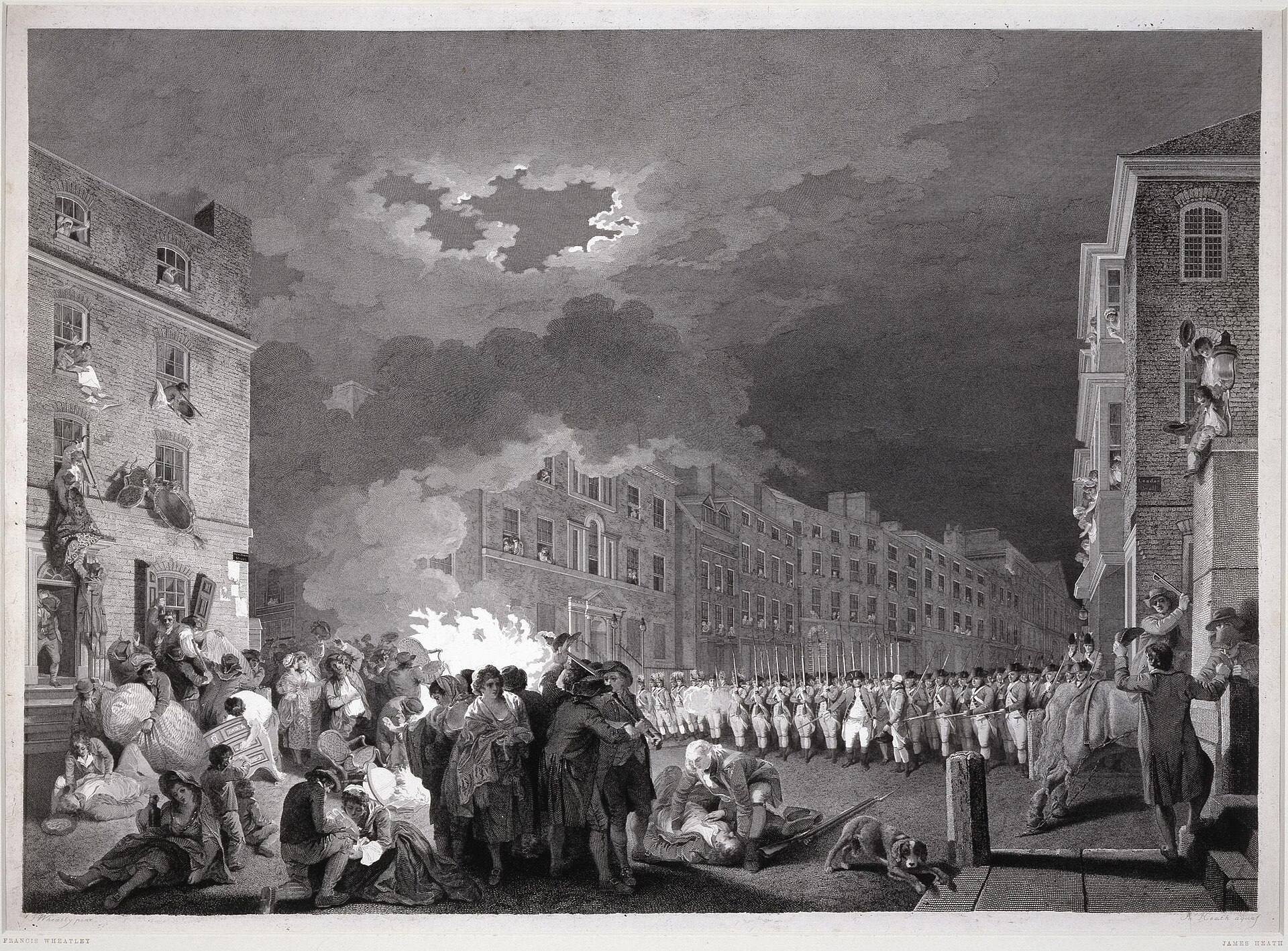 Furniture burns as soldiers aim at a London crowd. The Gordon Riots began with Protestant opposition to legislation that expanded the rights of Roman Catholics.